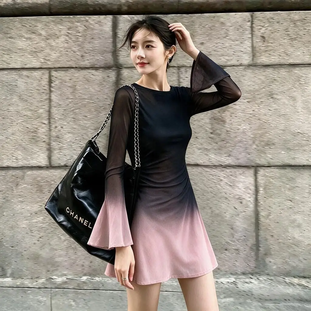 Gradual Black And Pink Long Sleeve round Neck A-Line  Dress Slimming Waist Design Vintage Print Low Waist Spring Autumn Wear