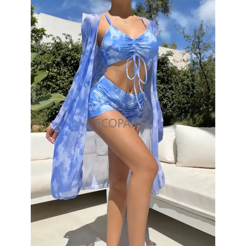 

Geometric Pattern High Waist Bikini Set Cover Up Swimsuit for Women Long Sleeve Three Pieces Swimwear 2023 Beach Bathing Suits