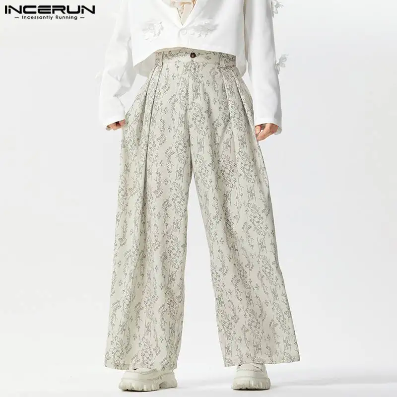 INCERUN 2024 American Style Men's Pantalons Simple Composite Floral Print Long Pants Casual Personality Wide Leg Trousers S-5XL