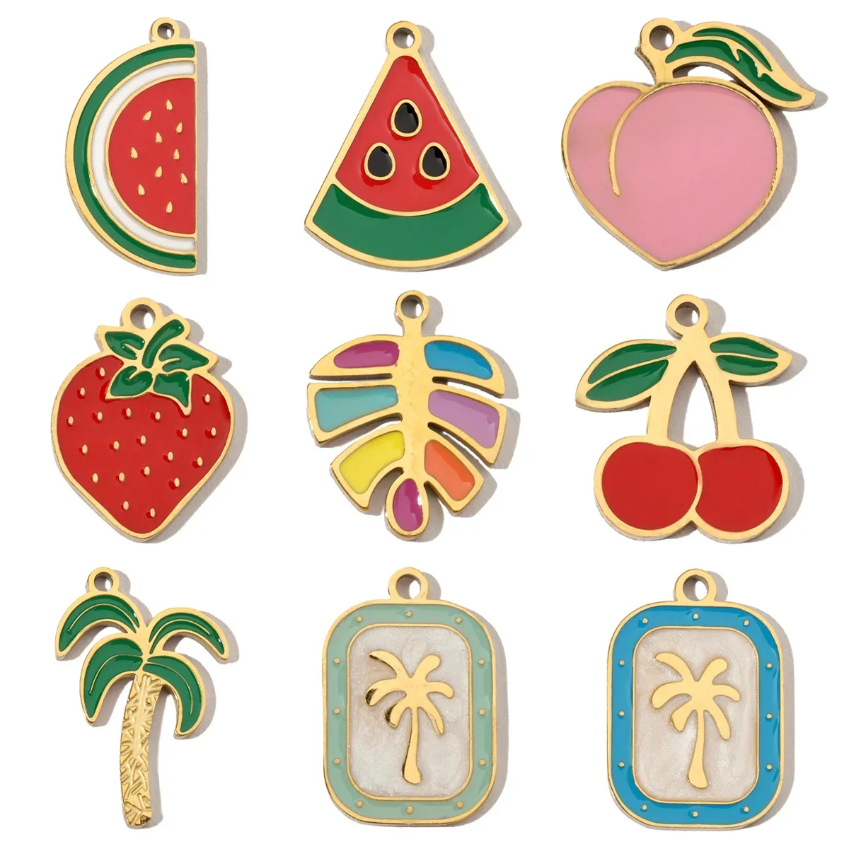 3pcs/Lot Fruit Cherry Enamel Stainless Steel Diy Charms Women Peach Palm Tree Earring Necklace Pendant Watermelon Jewelry