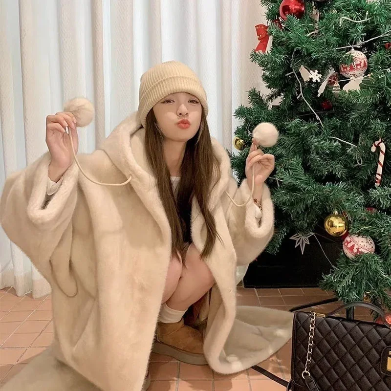 Otoño Invierno con capucha imitación visón chaqueta de felpa abrigo suelto largo lana imitación piel ecológico grueso cálido Parker abrigo JJ297