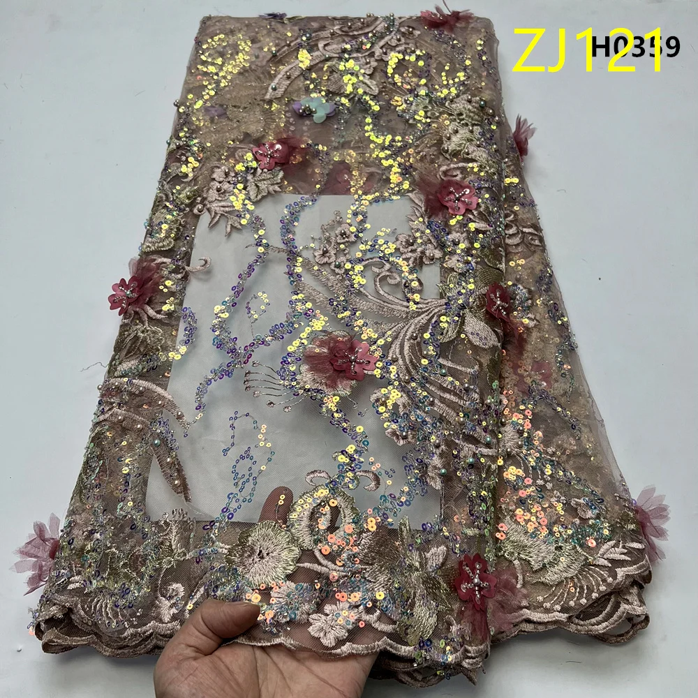 

Latest 2026 African Nigerian High Quality With Tulle Sewing Lace Fabric Guipure Embroidery Dresses Sequins Beads 5Yards ZJ121