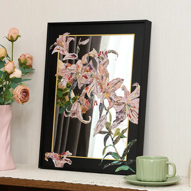 Lily Flower Mirror Art, Living Room Wall Decor Ornament, Home Artwork Decorative Pieces for Bedroom Entryway, Modern Minimalist