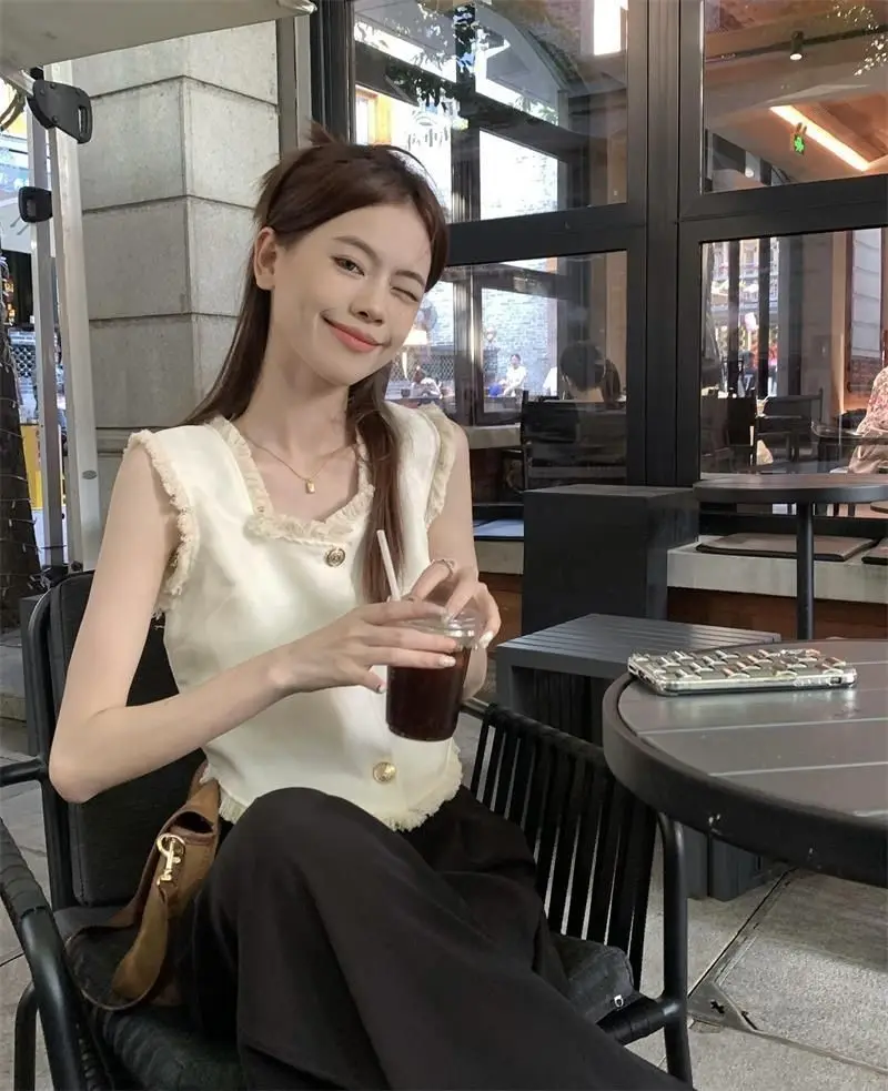 Temperament Lady Tops Chic Tanks Coats Sleeveless Tassel Waistcoats Women Clothing Square Collar Slim Fit Summer Vest Ropa Mujer