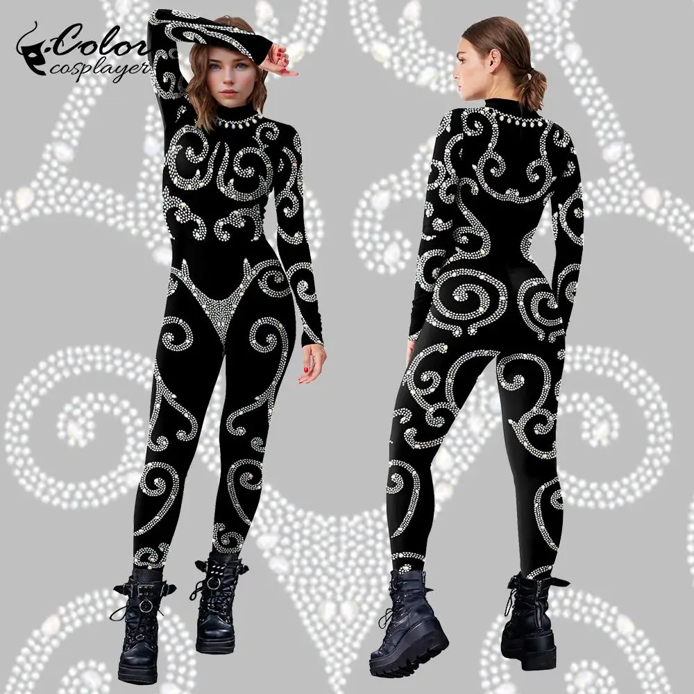 

Color Cosplayer Black Jumpsuit Vintage Pattern Bodysuit Women Long Sleeve Catsuit Halloween Cosplay Costume Adult Clothing