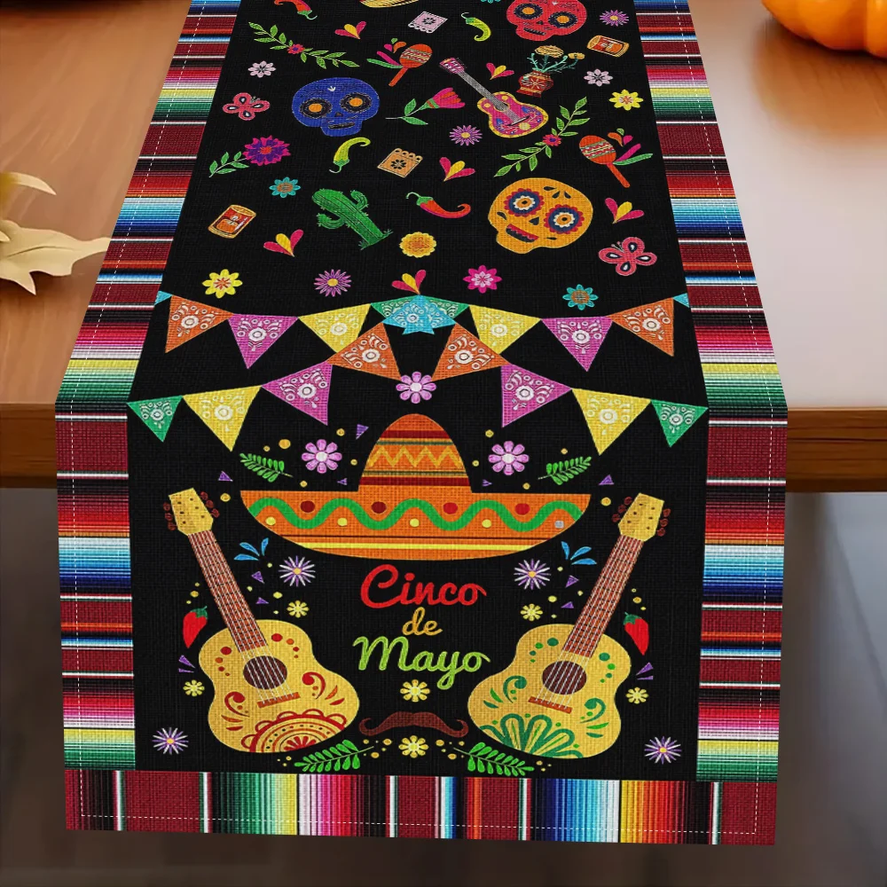 Mexican Colorful Flowers Guitar Hat Sugar Skull Table Runner Mexico Day of The Dead Dia De Los Muertos Table Runners Home Decor
