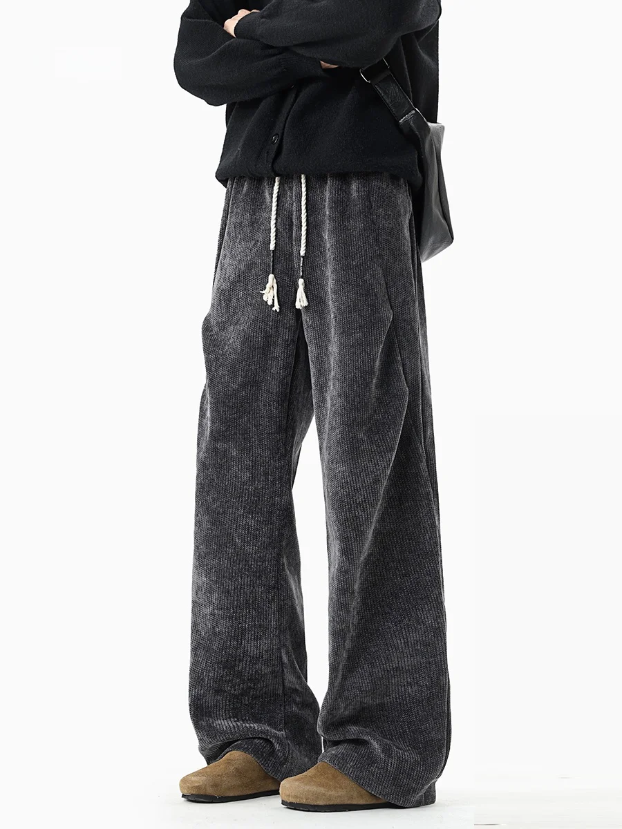 

Thiened Fce Casual Pants Men's Autumn Winter Warm Trendy Brand Heavy Drape Straight Leg Wide Leg Pants Loose Fit Elastic...