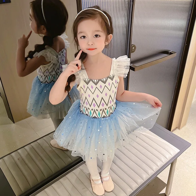 Summer Cosplay Dress Flare Sleeves Square Collar Kindergarten Children\'s Day  Ballet TUTU Starry Sky Gauze Skirt K5266