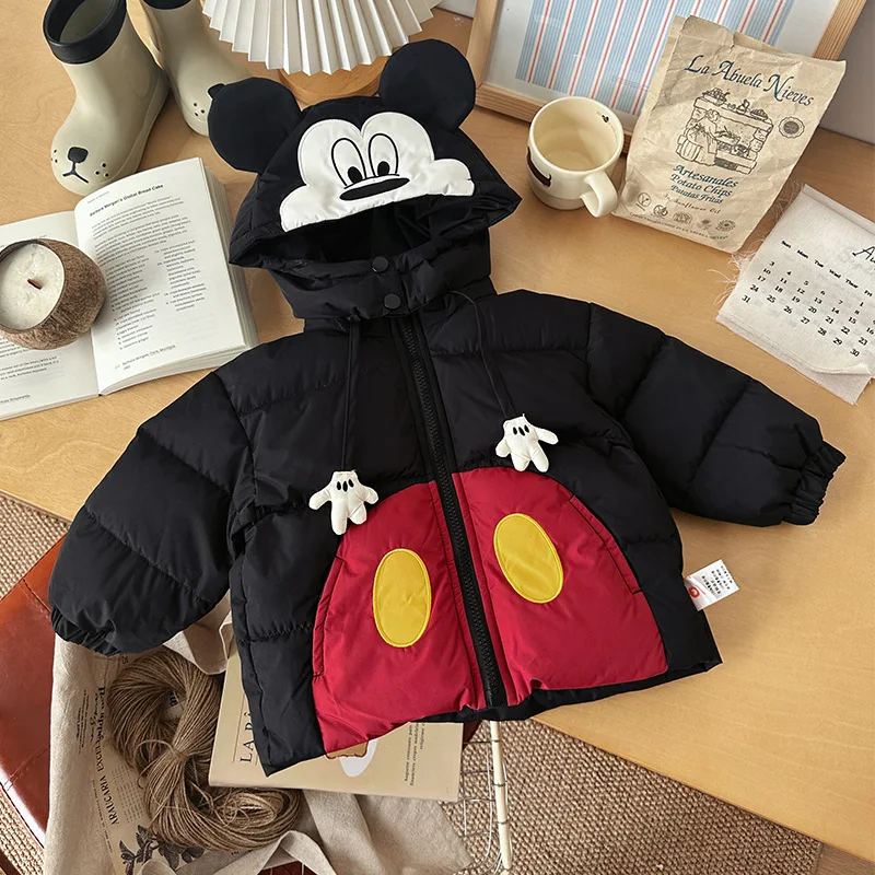 

Детский пуховик, зимнее толстое пальто с капюшоном, маленькое украшение для рук с Микки Диснеем, теплая верхняя одежда-пуховик, рождественский подарок