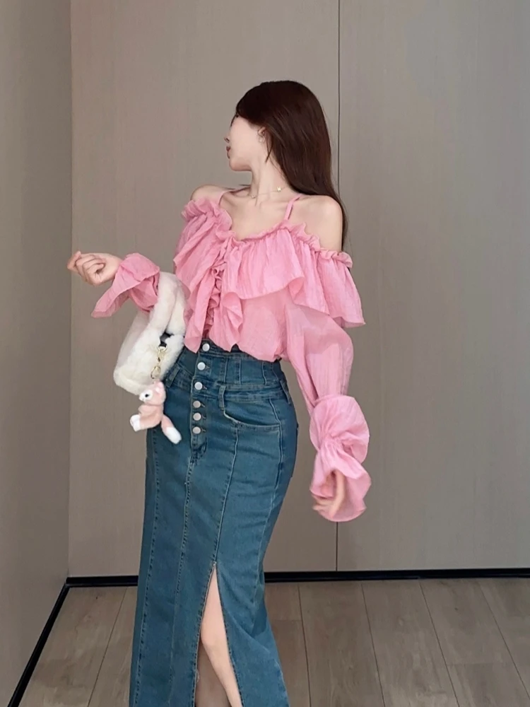 Chiffon Korean Elegant Blouse Women 2024 Casual Fashion Off Shoulder Blouse Female Long Sleeve Designer Pretty Pink Blouse