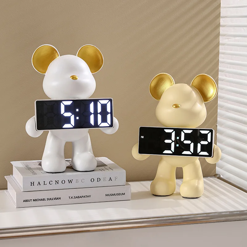 Nordic Creative Resin Bear Clock Ornament Living Room Piggy Bank Bedroom Desktop LED Time Display Wine Cabinet Decoration Craft