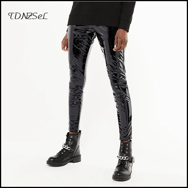 Shiny Latex Leather Pants Women Sexy High Waist PU Leggings Stretch Ladies Black Slim Pencil Pants Zipper Trousers Spring Custom