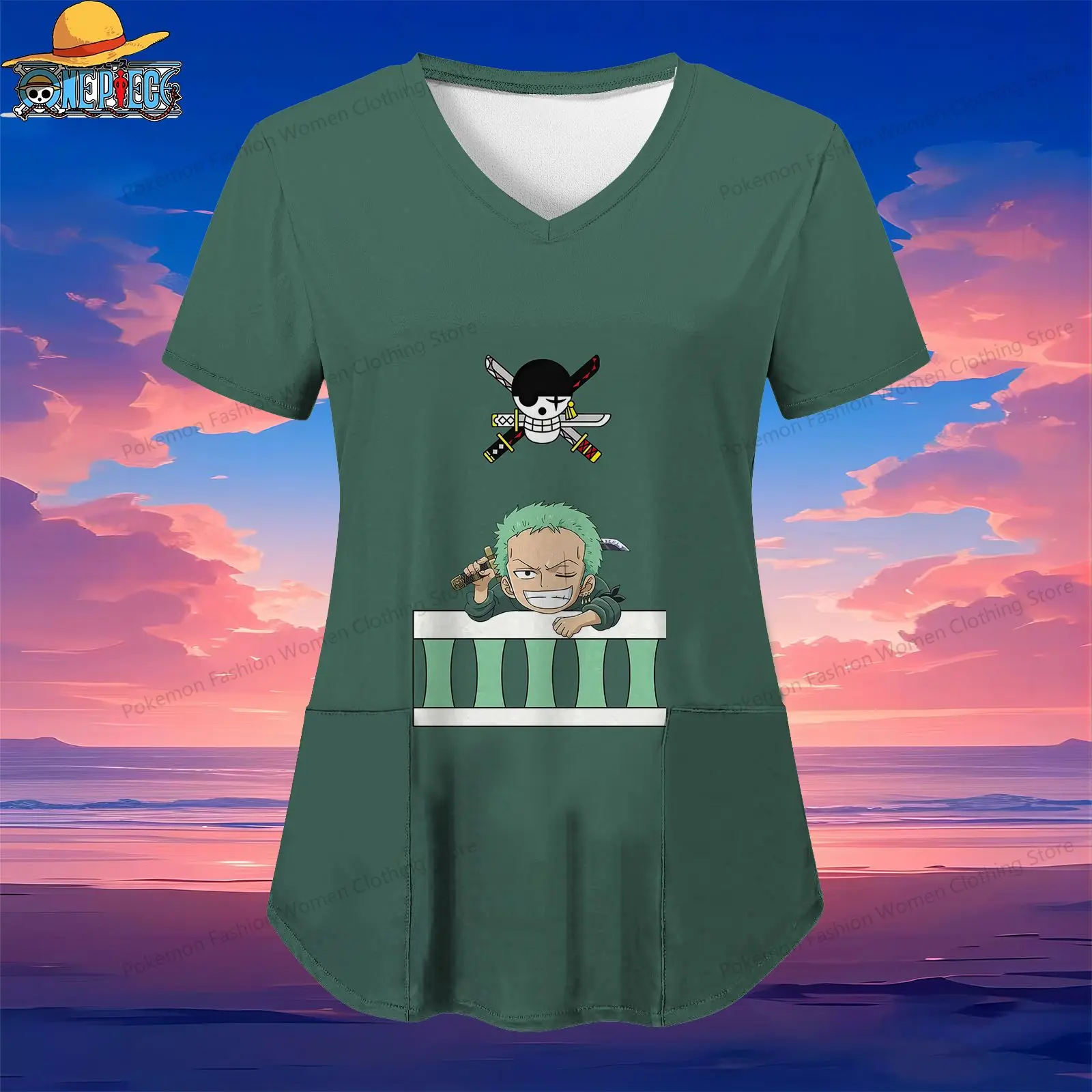 One Piece Pocket Women's V Neck Nurse Uniform T-Shirt Luffy Anime Street Wear Kawaii S-2XL 2024 Woman Clothing Summer Top Y2k