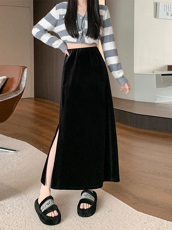 

Velvet Asymmetrical Skirt Elastic Waist Skin-friendly Versatile A-line Bodycon Fi Tail Long Skirt Commute Sle Ciwalk