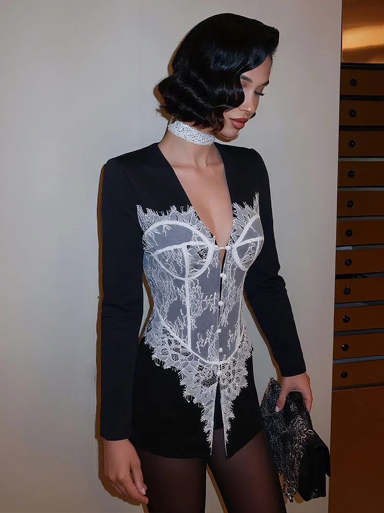 

Fmxiers кружевные лоскутные женские пальто 2025 новые модные однобортные узкие куртки с длинными рукавами и v-образным вырезом женские популярные французские топы