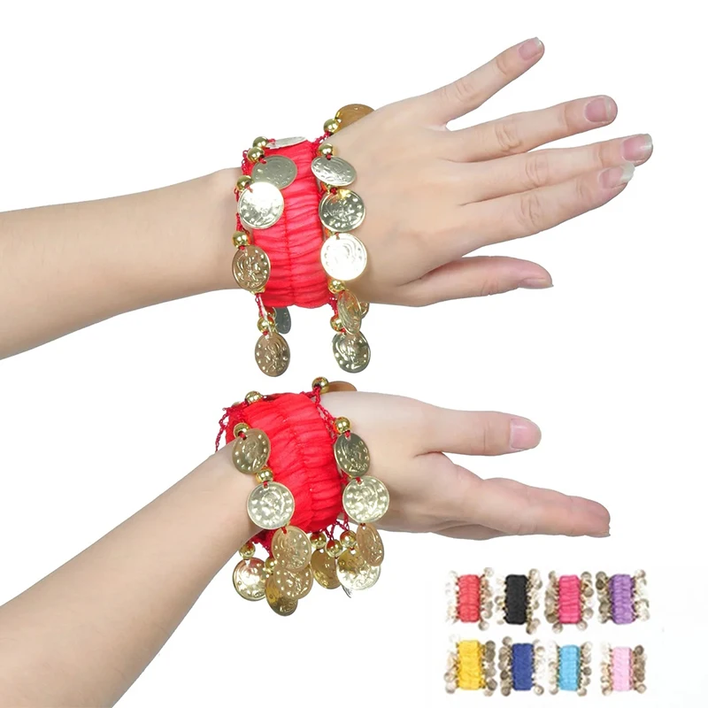 Buikdans Metalen Munt Armbanden 1 Paar Buikdansen Pols Enkelboeien Armbanden Chiffon Gouden Munt Buikdans Accessoires