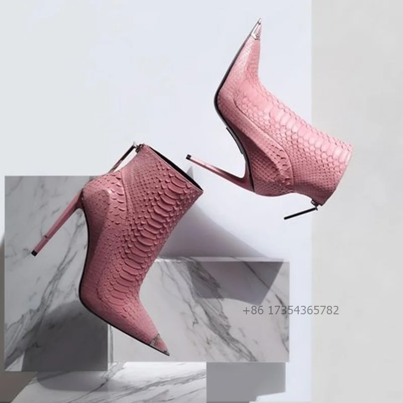 Winter New in Pink Real Leather Ankle Boots Woman Sexy Metal Pointed Toe Stiletto \White\Black Booties Luxury Designer Shoes