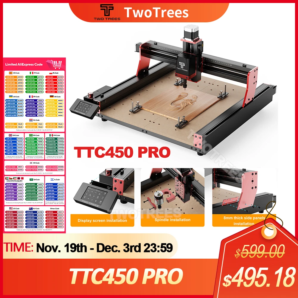 Twotrees TTC450 PRO Laser Milling Cutting Machine Laser Engraver  Double Brass Nut XYZ Axis Design Can Control Multiple Units