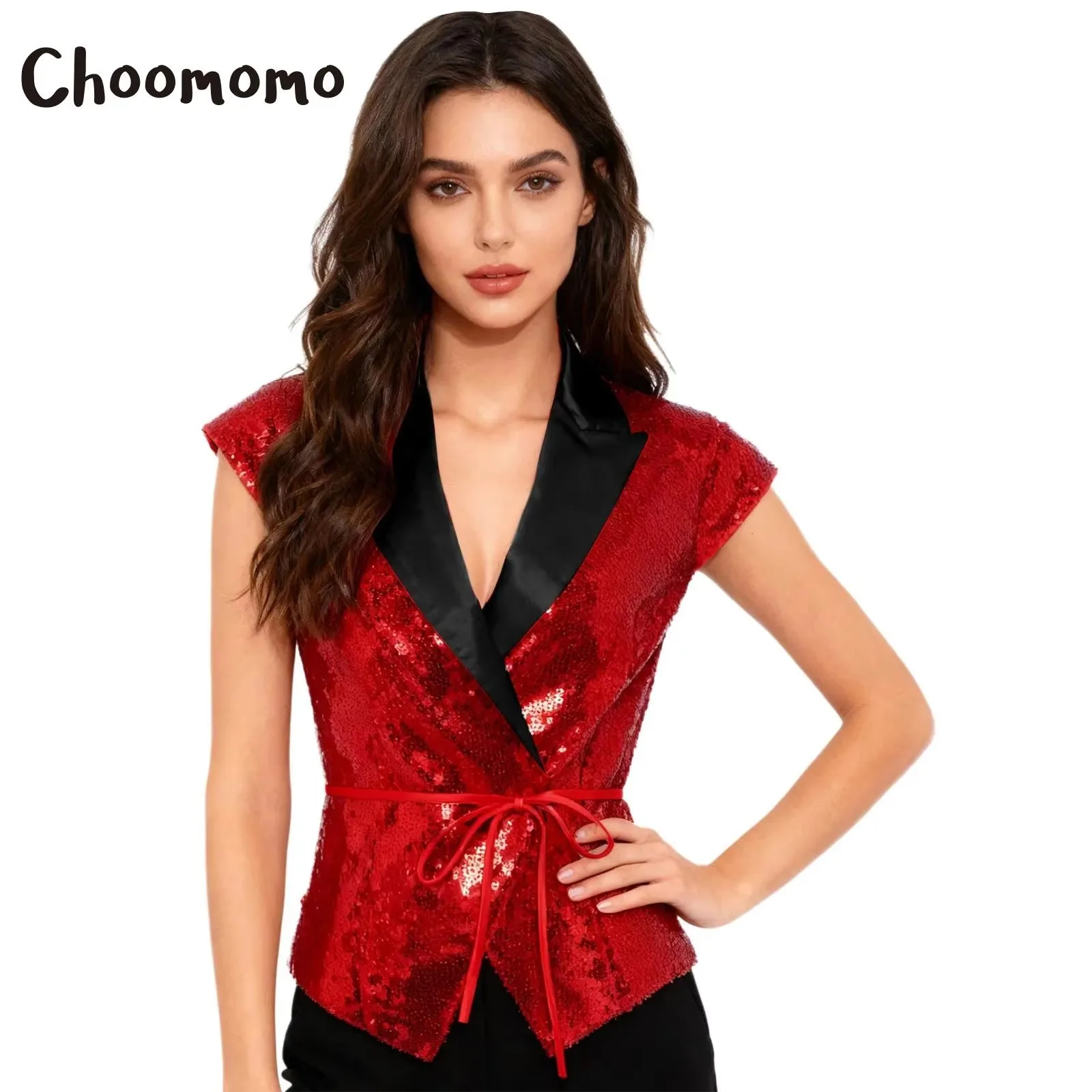 

Женский деловой костюм с блестящими пайетками, жилет с v-образным вырезом и этикеткой, жилет с короткими рукавами для джазовых танцев и поясом, банкет, свадебная вечеринка, выступление