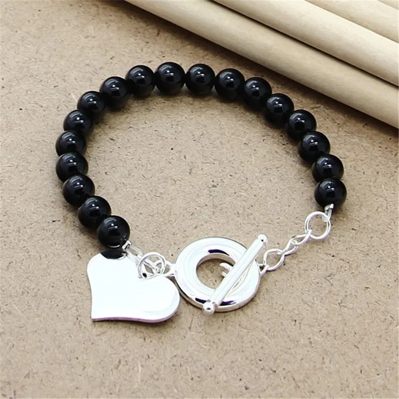 

925 Sterling Silver Heart Pendant Black Agate OT Buckle Bracelet For Woman Charm Wedding Engagement Fashion Party Jewelry Gift