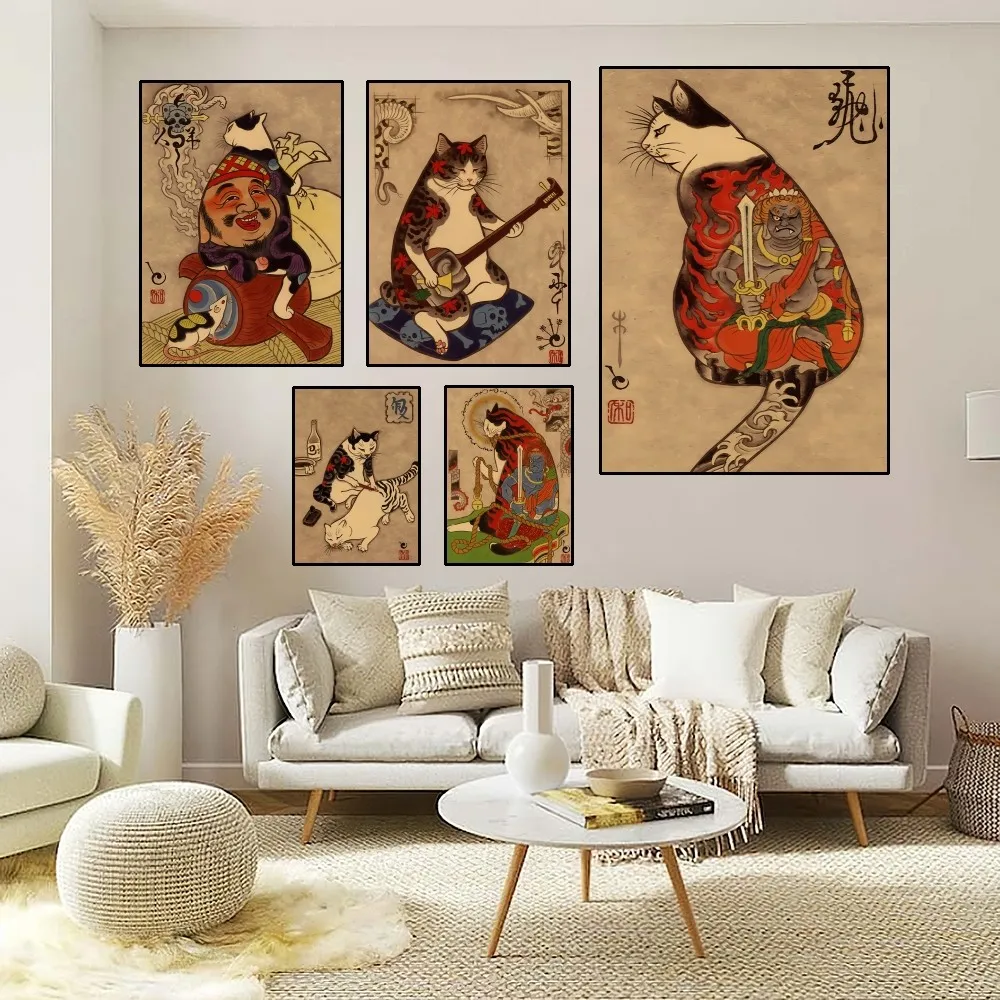 Japan Samurai cat cat tattoo Poster Home Room Decor Aesthetic Art Wall Painting Stickers