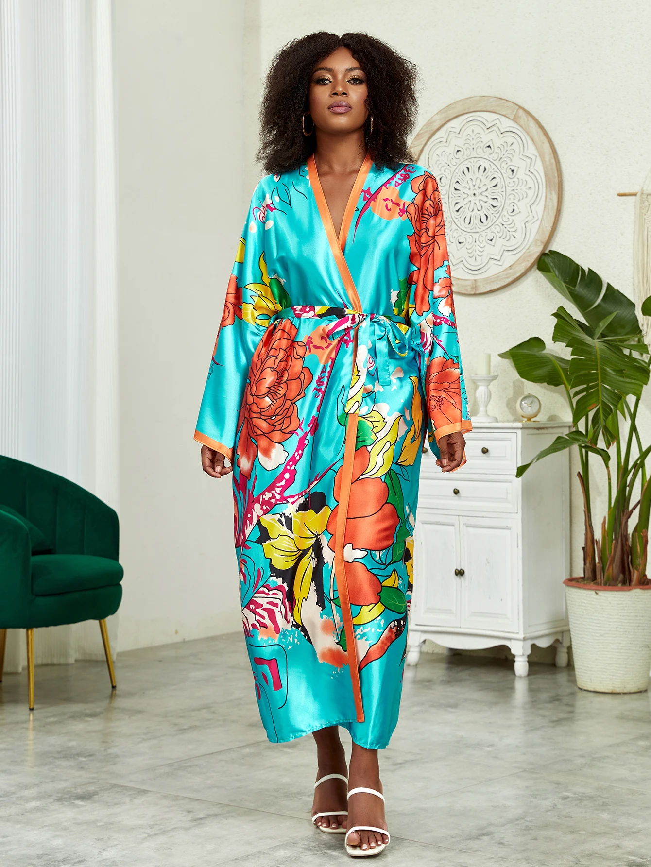 Plus Size Boho Kimono, damskie Plus nadruk lotosu kontrastowe wiązanie z długim rękawem z odkrytym przodem Kimono