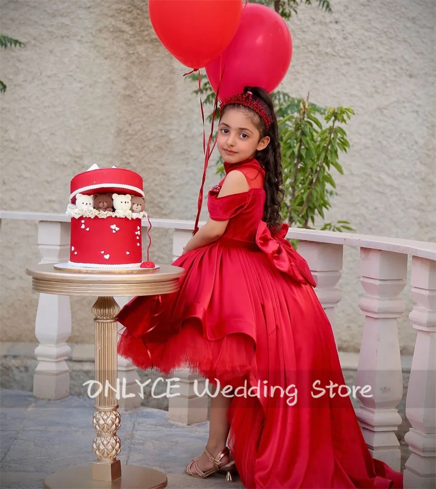 Vestido de flor vermelha com arco para meninas, vestido de baile inchado, vestido de baile de pérolas, vestido infantil para casamento, bonito e vermelho, 2024