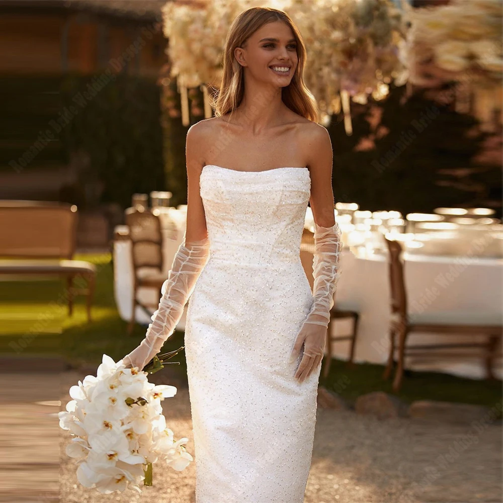 Sparkle Women Wedding Dresses Glitter Deep-V Bridal Gowns Elegant A-Line Without Gloves Vestidos De Novias With Detachable Tail