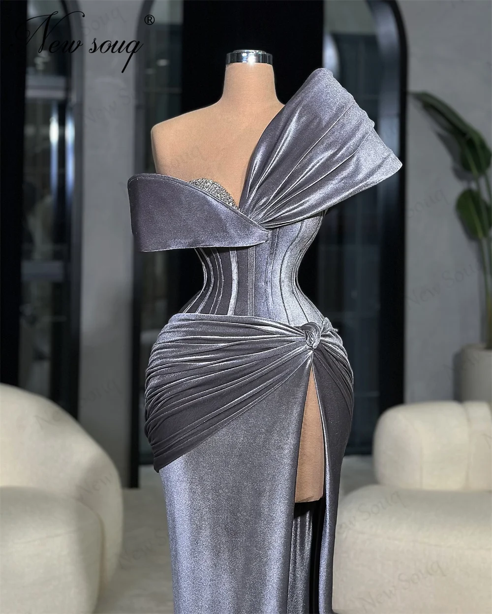 Dubai Grey Velour Prom Dresses High Split Side Female Evening Dresses Elegant Cocktail Party Gowns Customized 2025 Abiti Da Sera