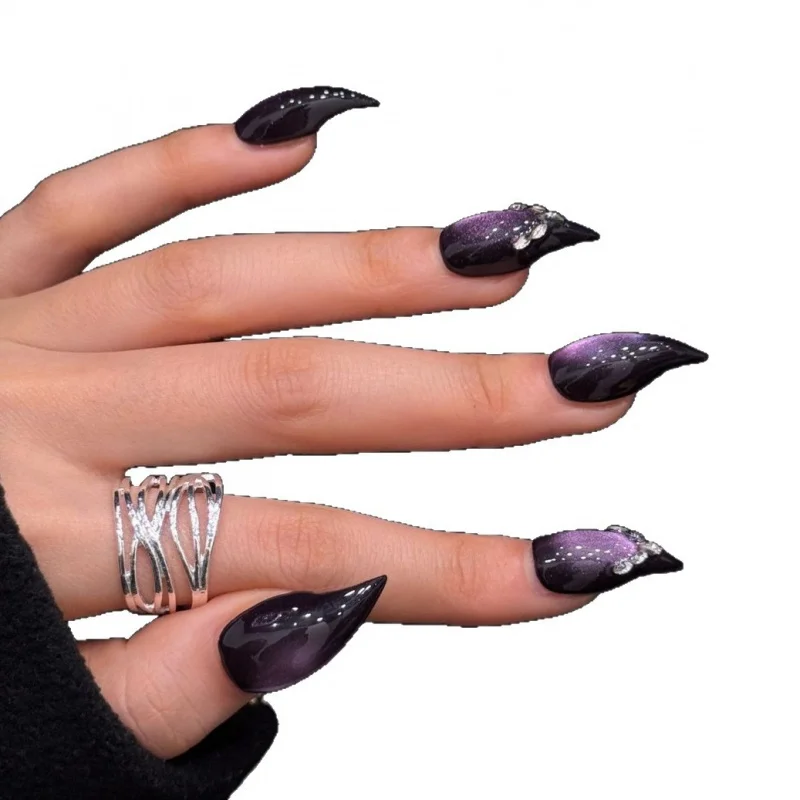 Curved Long Stiletto Dark Purple Cat Eye Press On Nails Crystal Rhinestone Gothic Glossy Cool Dark Aesthetic Reusable False Nail view 5