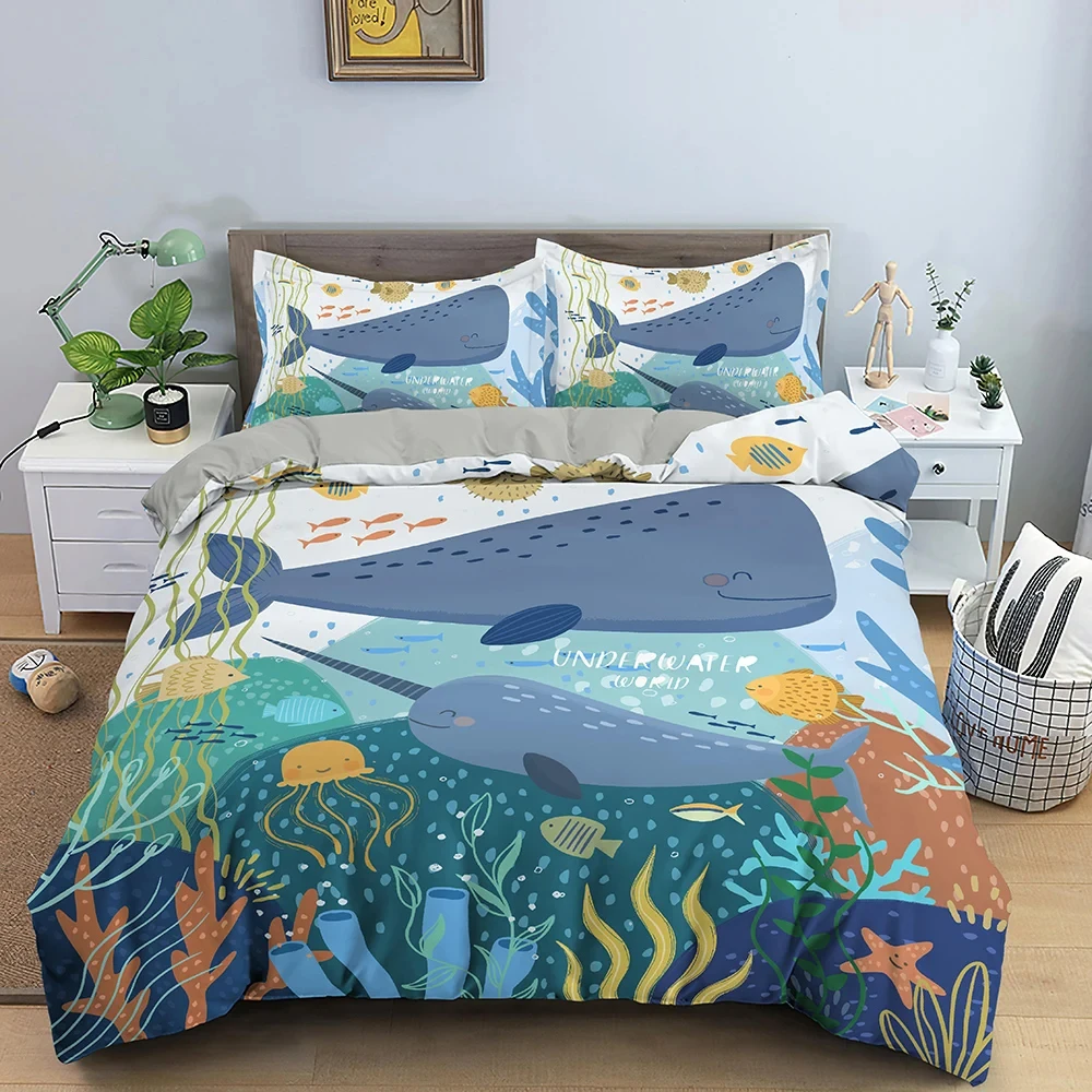 Cartoon Underwater World Sea Animal Bedding Set,Duvet Cover Bed Set Quilt Cover Pillowcase,King Queen Twin Size Boys Girls Adult