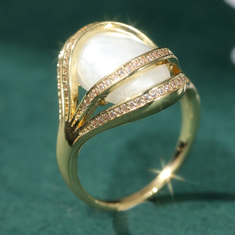 Vintage Goldfarbener Ovaler Ring mit Eingelegten Imitationsperlen für Damen Tägliches Tragen Party-Schmuck – Detail 4