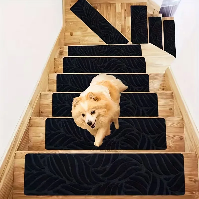 1/3pcs 20x76cm Banana Leaf Patterned Compound Stair Tread Carpet Self Adhesive Anti Slip Pad Velvet Embossed Floor Protect Mats