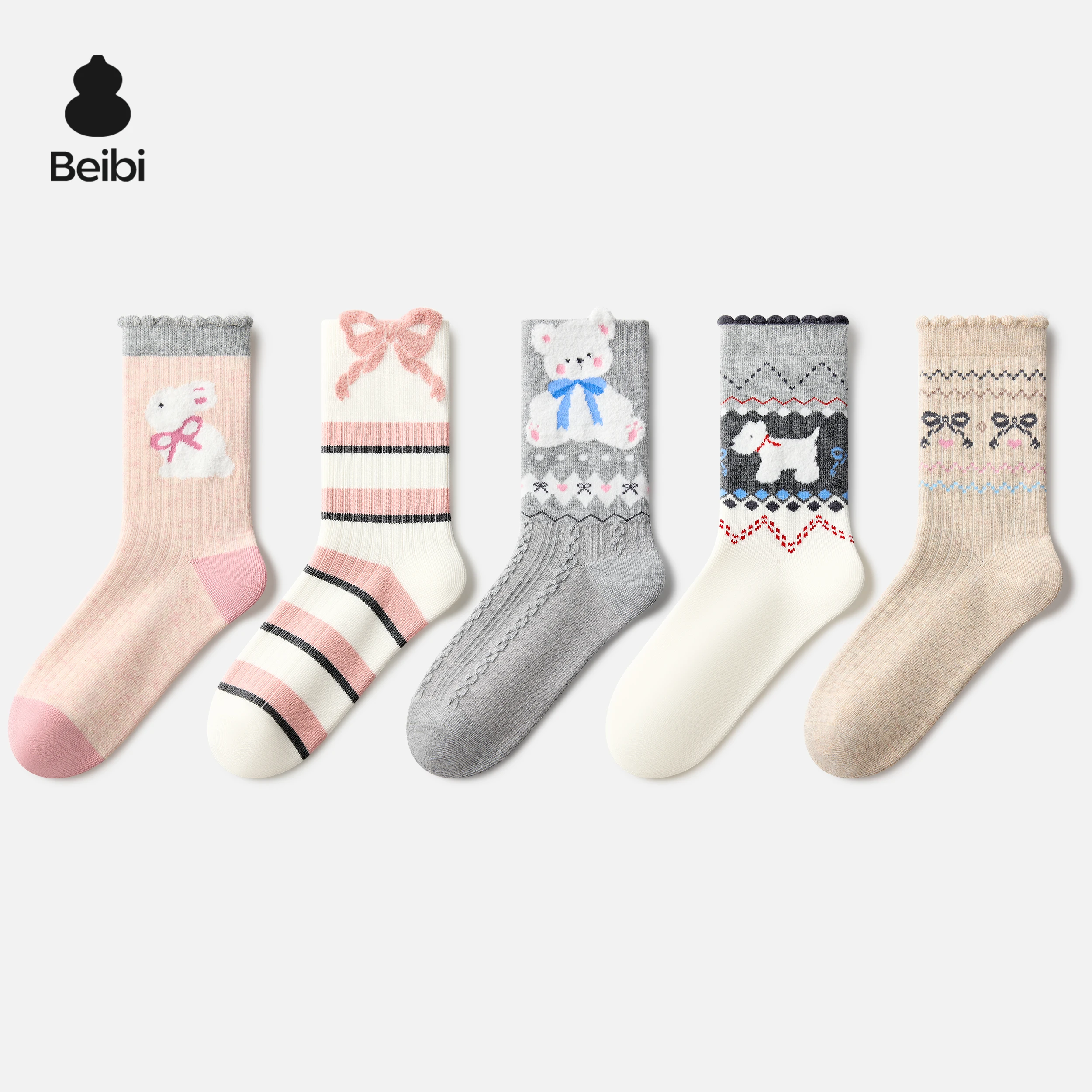 

Beibi 5-Pair Pack Girls' Mid-Calf Socks Cartoon Animal Patterns Suitable for All Seasons For Children 4 Years and Up
