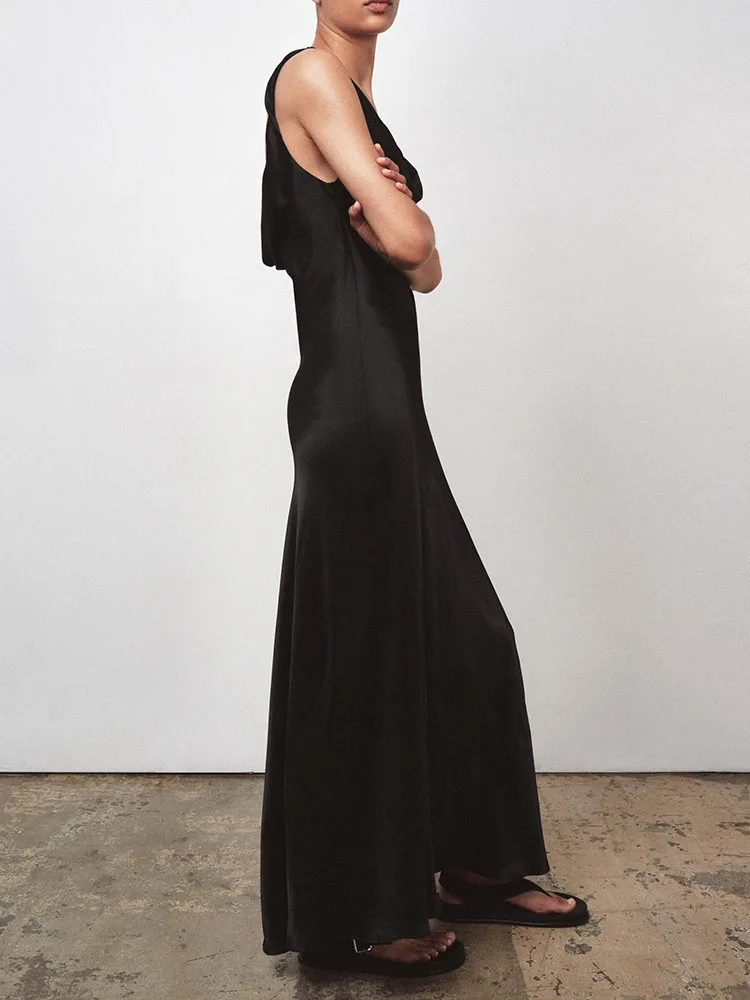 صيف 2025 جديد المرأة حصيرة عالية الراحة الحرير الساتان يشعر حزام الدكتور طويل الأكمام لون نقي التفاف Ne ثوب #2