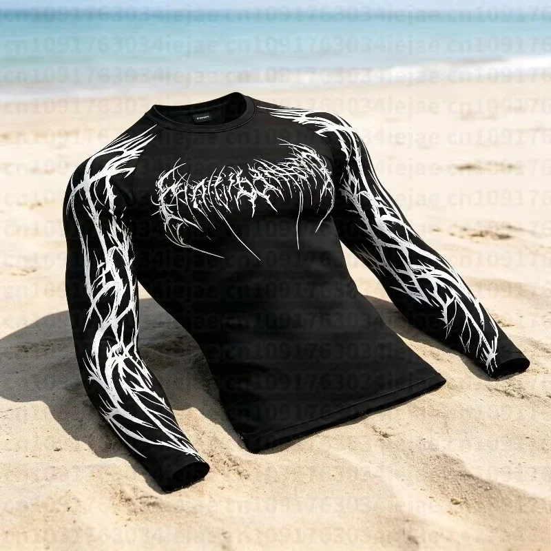 Men's black metal Gothic skull long sleeved thorny print BJJ MMA fitness exercise quick drying top