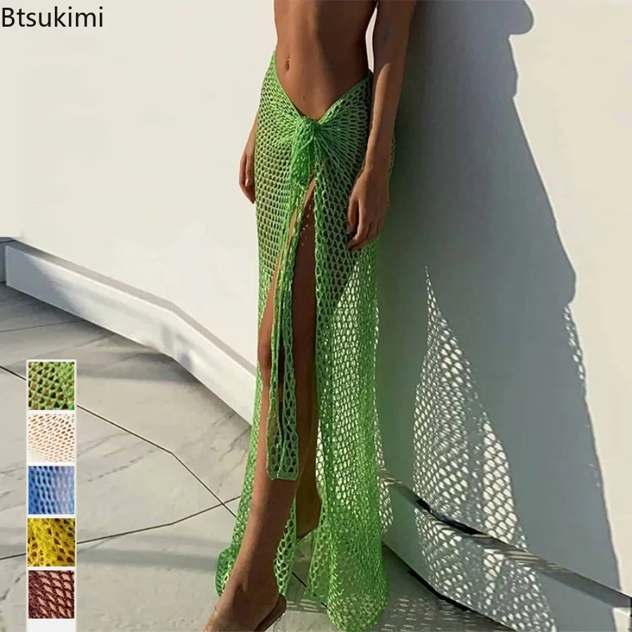 Sexy Knitted Skirt Summer New Women's Beach Outing Mesh Hollowed Out Split Strap Floor Length Skirt Swimsuit Cover Ups Beachwear