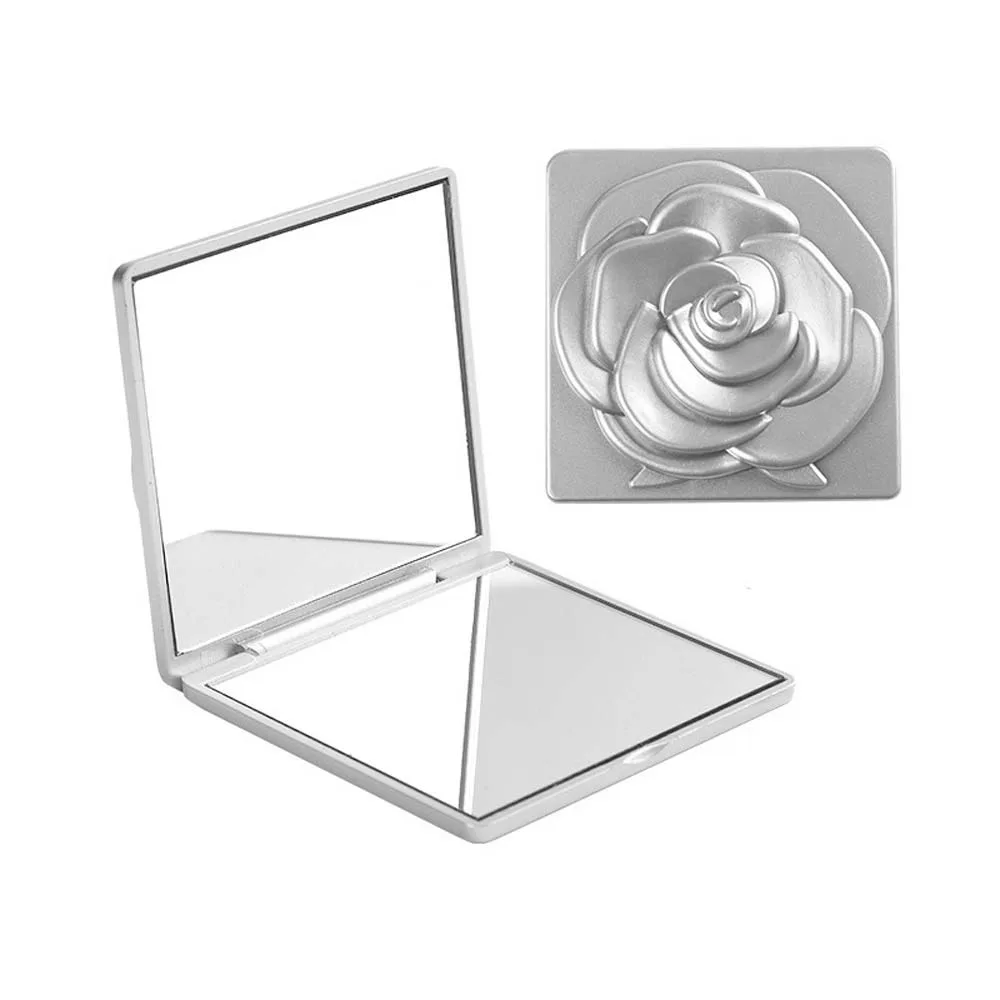 Mini miroir de maquillage carré avec fleur rose, facile à transporter, pliable, délicat, support de bureau, dame, fille