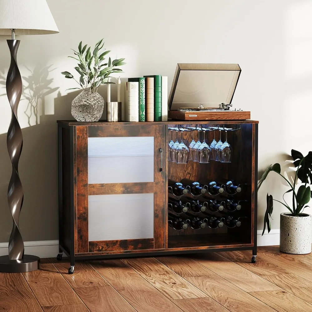 

Wine Bar Cabinet on Wheels, Liquor Buffet Sideboard with LED Lights, Storage Shelves, Glass Holders & Wine Racks,