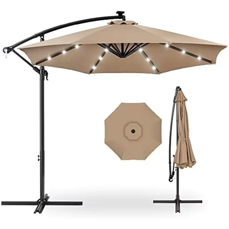 10ft Solar LED Offset Cantilever Hanging Market Patio Umbrella, 8 Sturdy Ribs, Easy Adjustment - Tan