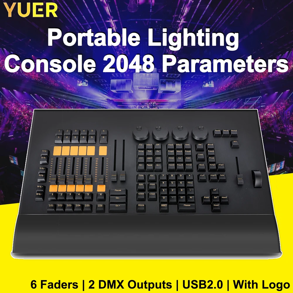 Command Wing Lighting Console 2048 parameters 6 faders 2 DMX-uitgangen USB 2.0 XLR MIDI Backlit Stille knop Podiumcontrole