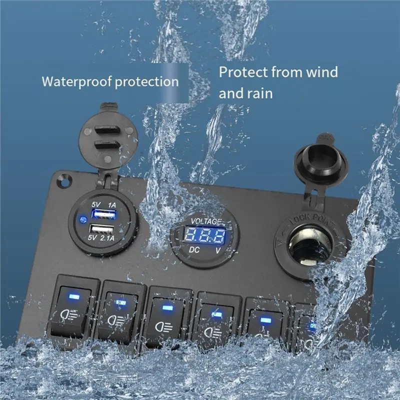 A48P-LED Digital Voltmeter Rocker Switch Panel 6 Gang Waterproof Design Car Marine Circuit Breaker Dual USB Port Power On/OFF