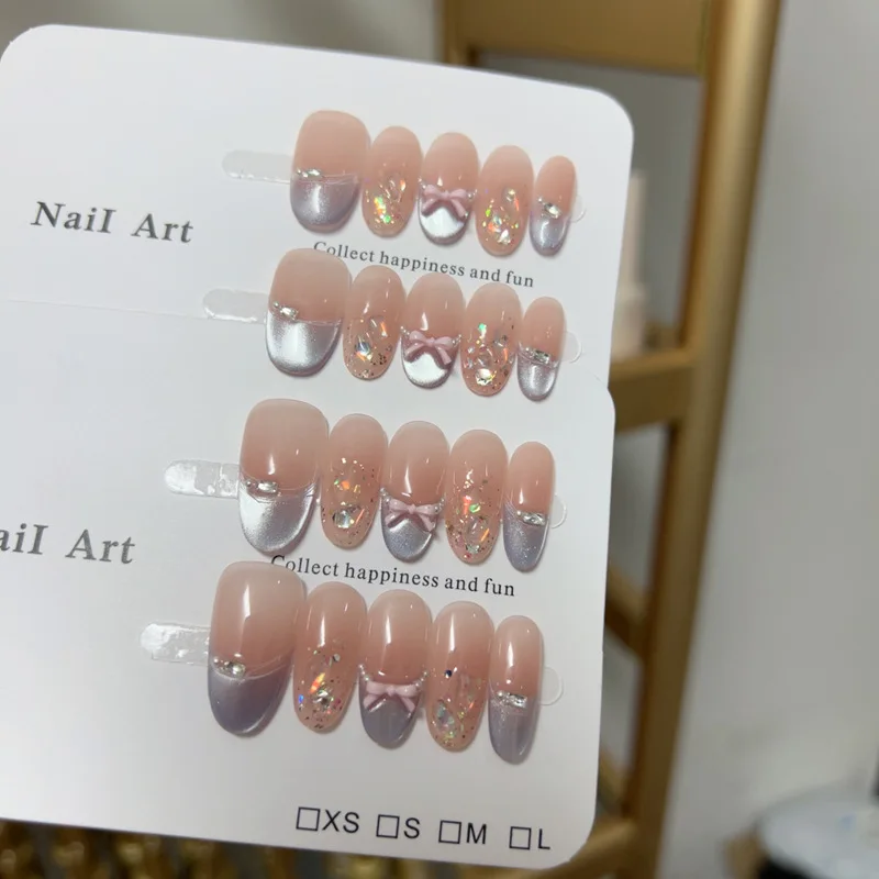 10 Stück handgemachte französische ovale Nägel zum Aufdrücken, glänzende Katzenaugen-Strasssteine, 3D-Schleifen-Design, niedlich, süß, künstliche Nägel, tragbare Nägel, Tipps, Kunst