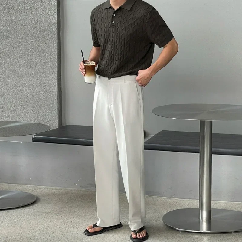 Pop Summer New Fashion Men's Tuen-down Collar Thin Knitted T-shirts Breathable Loose Solid Color Korean Style T-shirts Male Clot