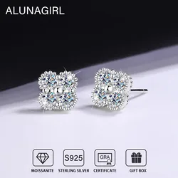 LUNAGIRL Four Leaf Clover Moissanite Stud Earrings 925 Silver Plated 18k White Gold Diamond Earring for Women Fine Jewelry Gifts