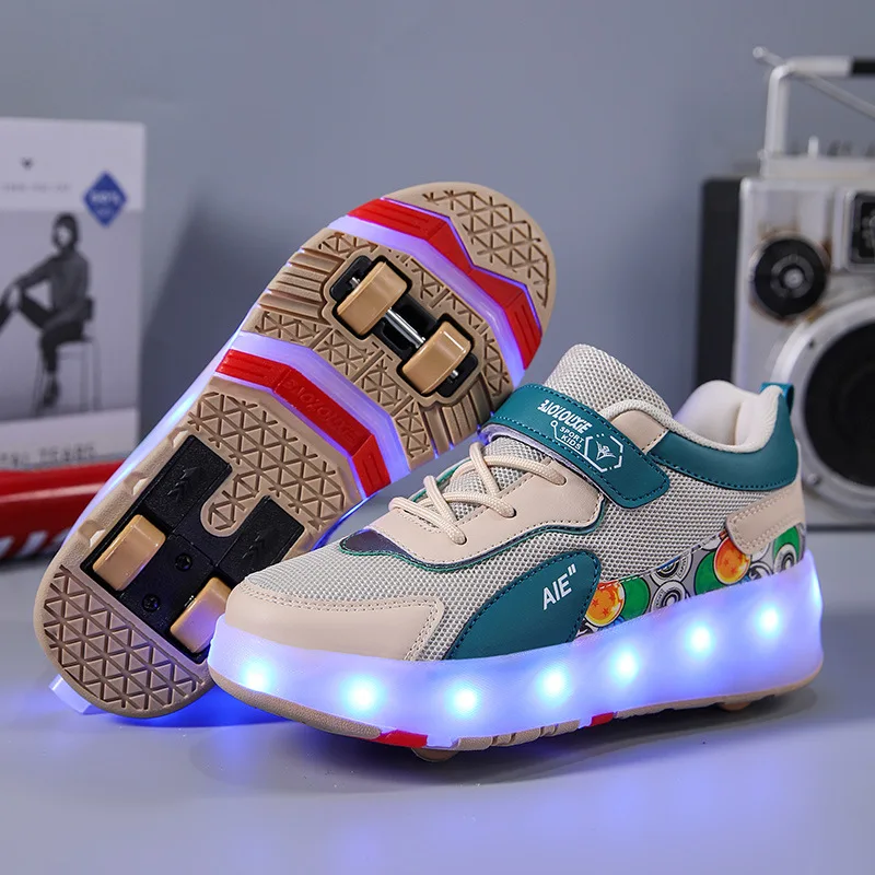 Chaussures de patin à roulettes avec lumière LED pour enfants, baskets de patinage en plein air pour garçons et filles, chaussures de patins à 4 roues, jouets à la mode, cadeau d'anniversaire