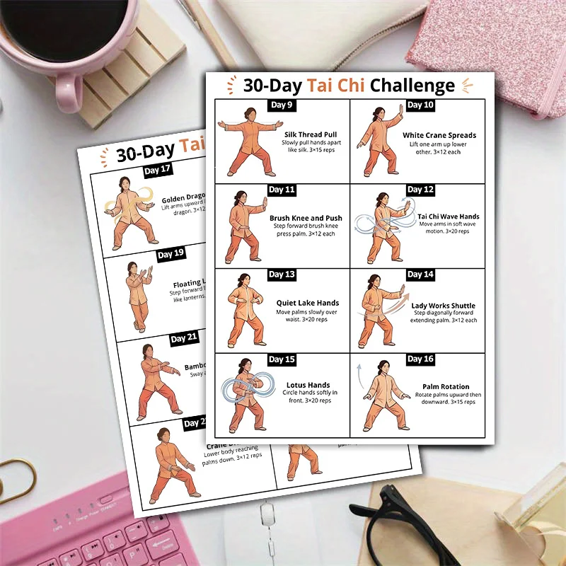 4pcs 30-Day Tai Chi Challenge Workout Sheet Guide, Martial Arts Exercise Guide Wall Art, Workout Routine Chart for Home Gym