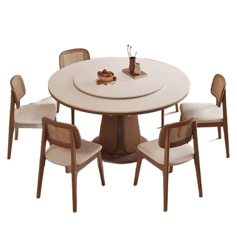 Medieval style round table rock slab diningtable and chair combination small apartment living room household with turntable ret