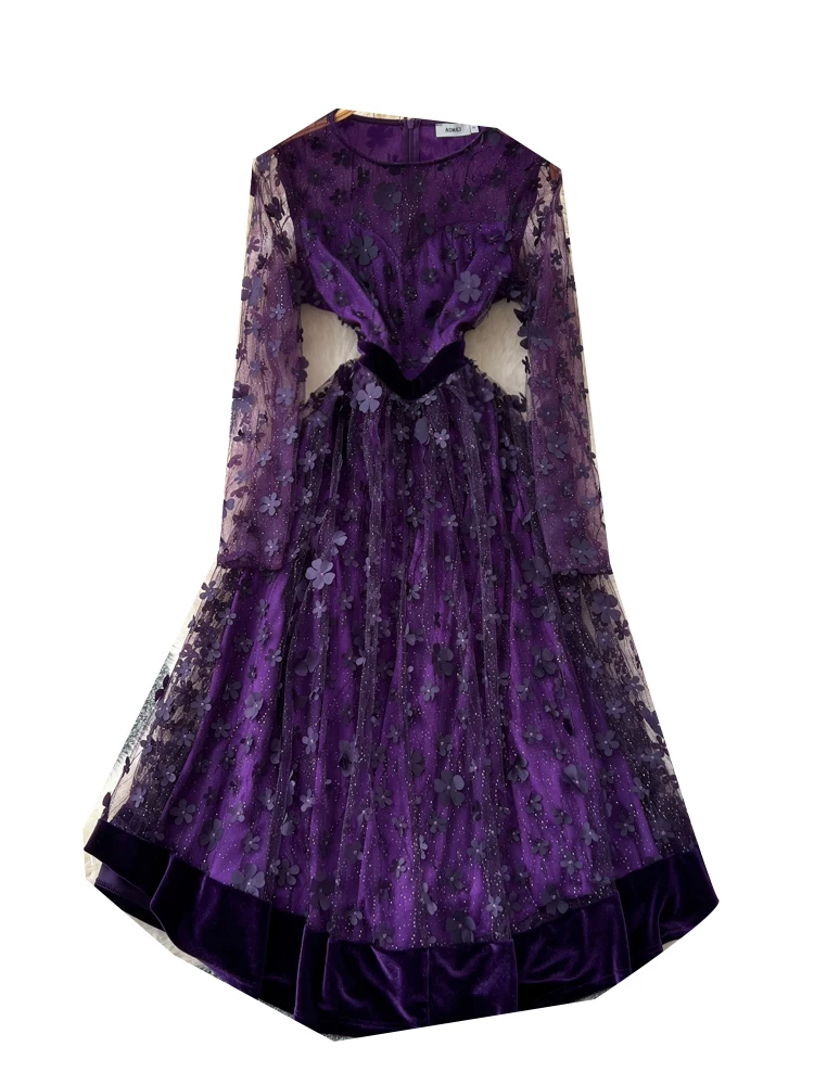 Sukienka damska w kształcie litery A z bogatym haftem, kwiatami 3D, tiulową tkaniną i wyszczuplającym krojem w talii, idealna na sezon jesienny.