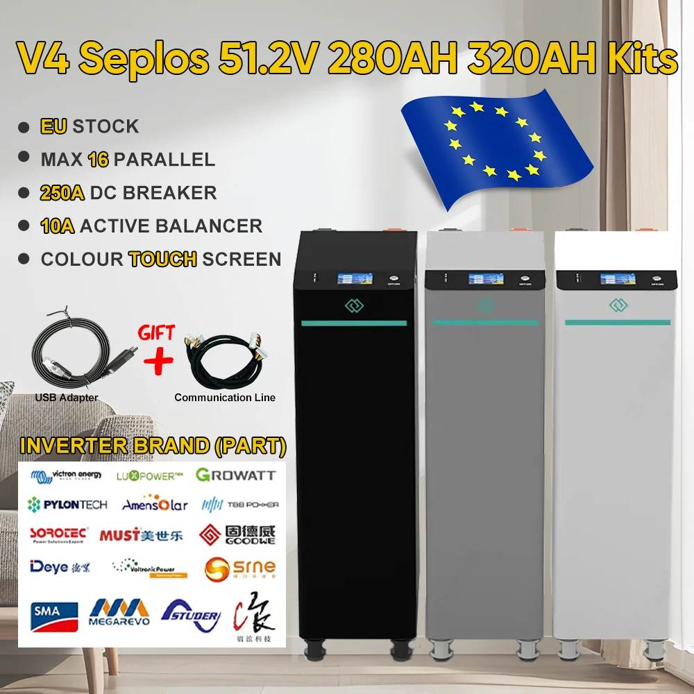 Poland Stock V4 Seplos Lifepo4 Battery Kits With 10A Active Balancer 51.2V 280AH 304AH 314AH Home Solar Free Shipping EU